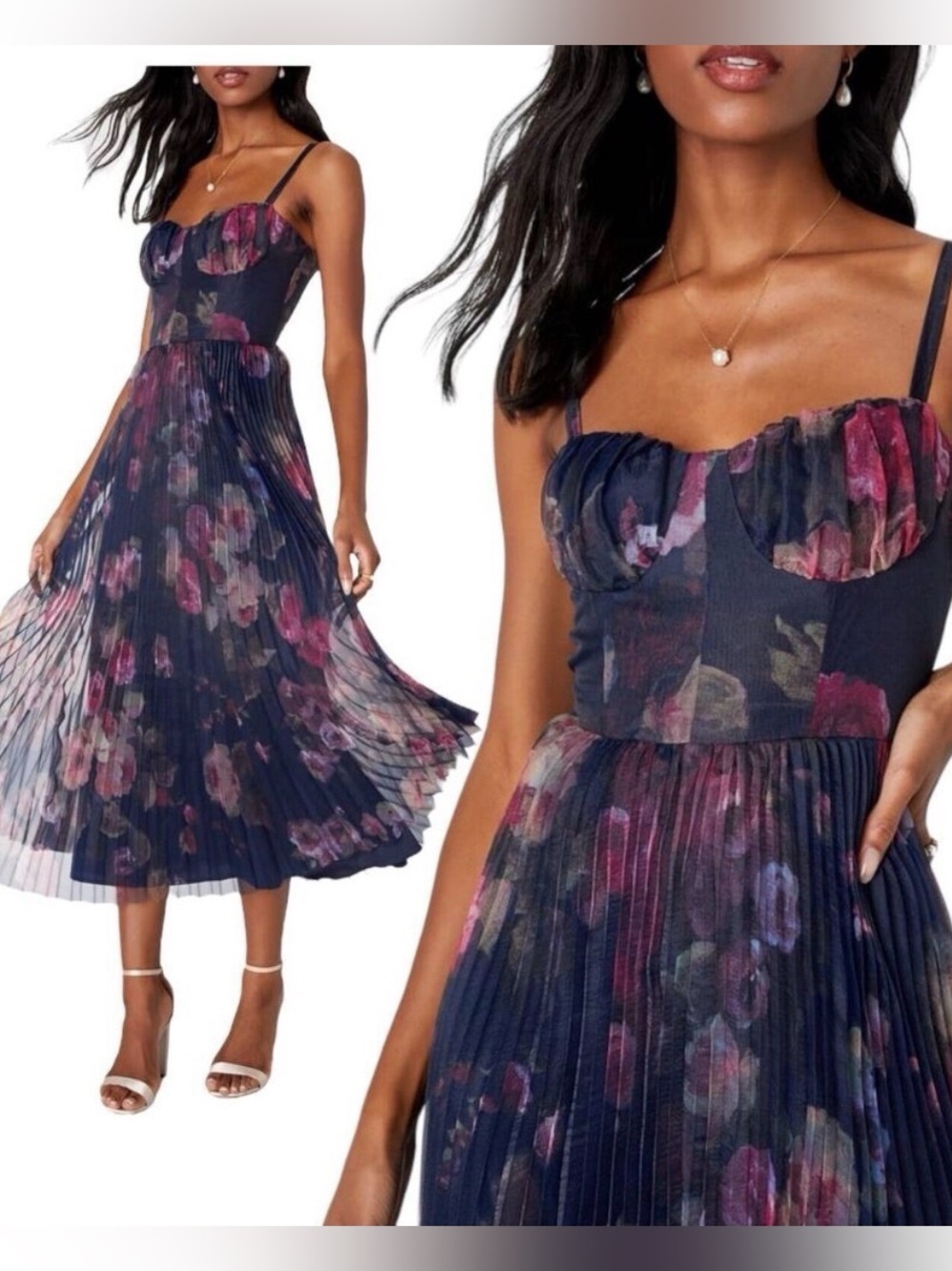 Lulus Alluring Invite Midnight Blue Floral Pleated Bustier Midi Dress Garden S